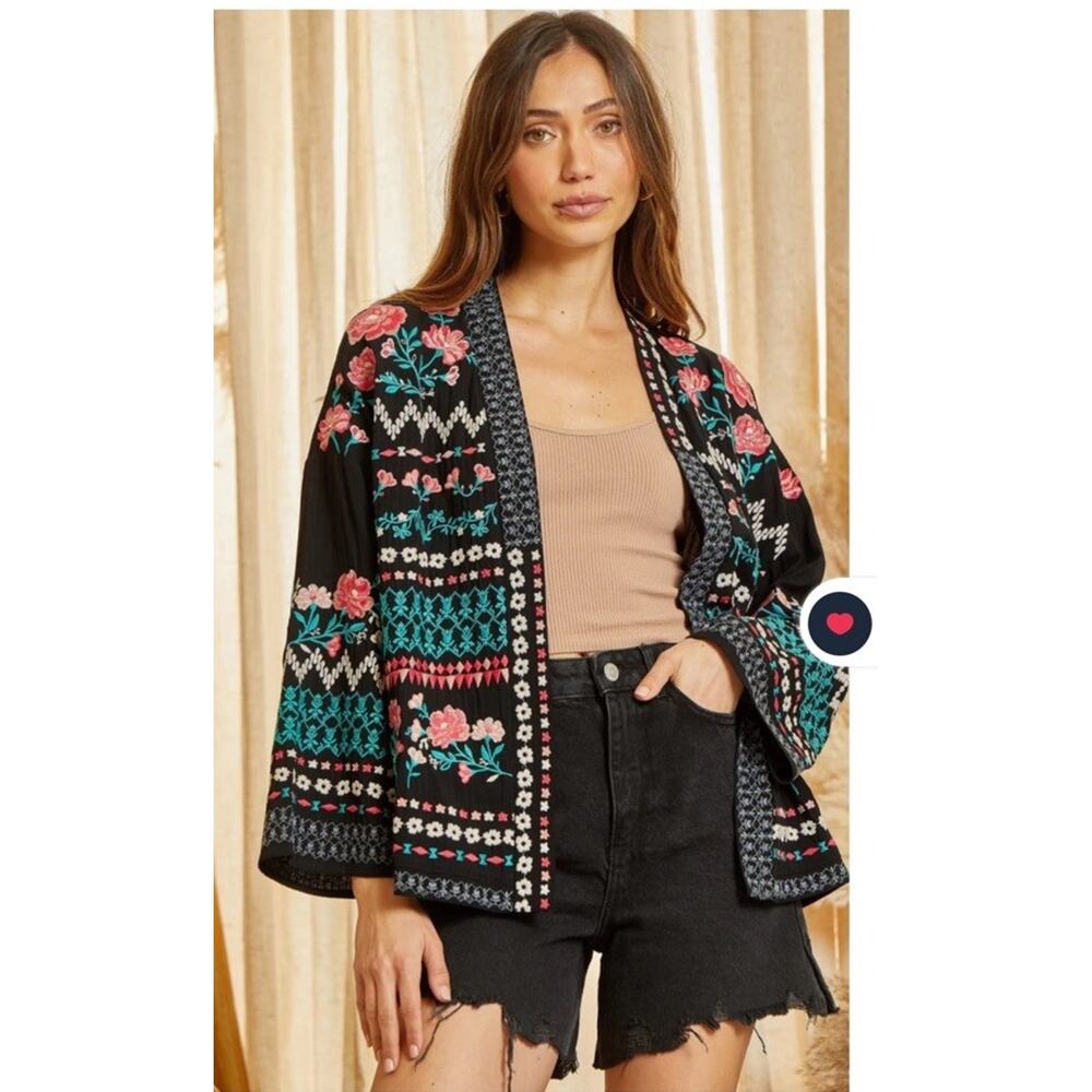 Savanna Jane Boho Embroidered Floral Cardigan Sweater Womens Size Small New